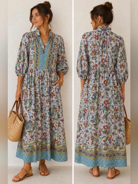 Paani Dresses & Skirts - Paani Boho Paisley Dress Gray Blue Red Tiered Midi Cottagecore Small